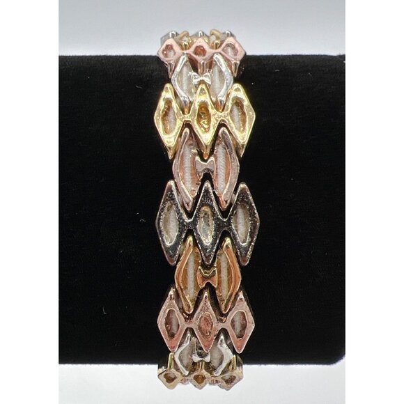 Napier Tri-Tone Stretch Bracelet Gold Silver Rose Tone Metal Geometric Design Wo - Picture 4 of 7